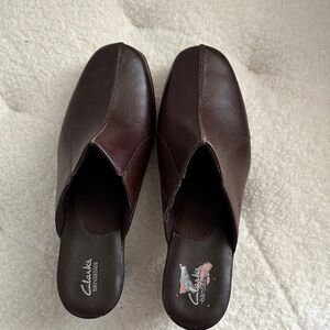 Clarks Dark Brown Leather Mules